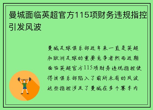 曼城面临英超官方115项财务违规指控引发风波